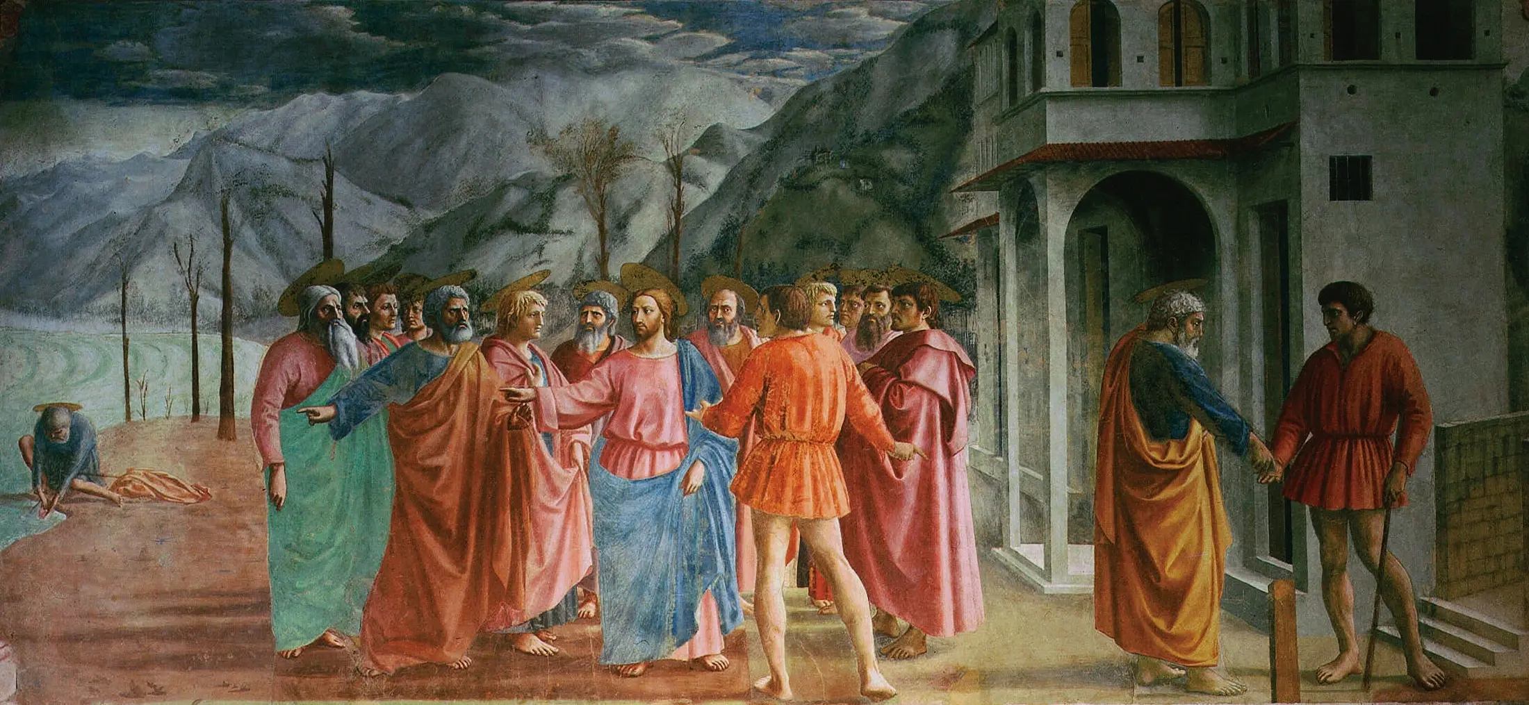 A fresco told in three episodes: at the center Christ stands among the apostles as the tax collector asks for the temple tax, directing Peter toward the lake; at the far left Peter crouches at the shore and takes the coin from the fish's mouth; at the right he pays the collector.