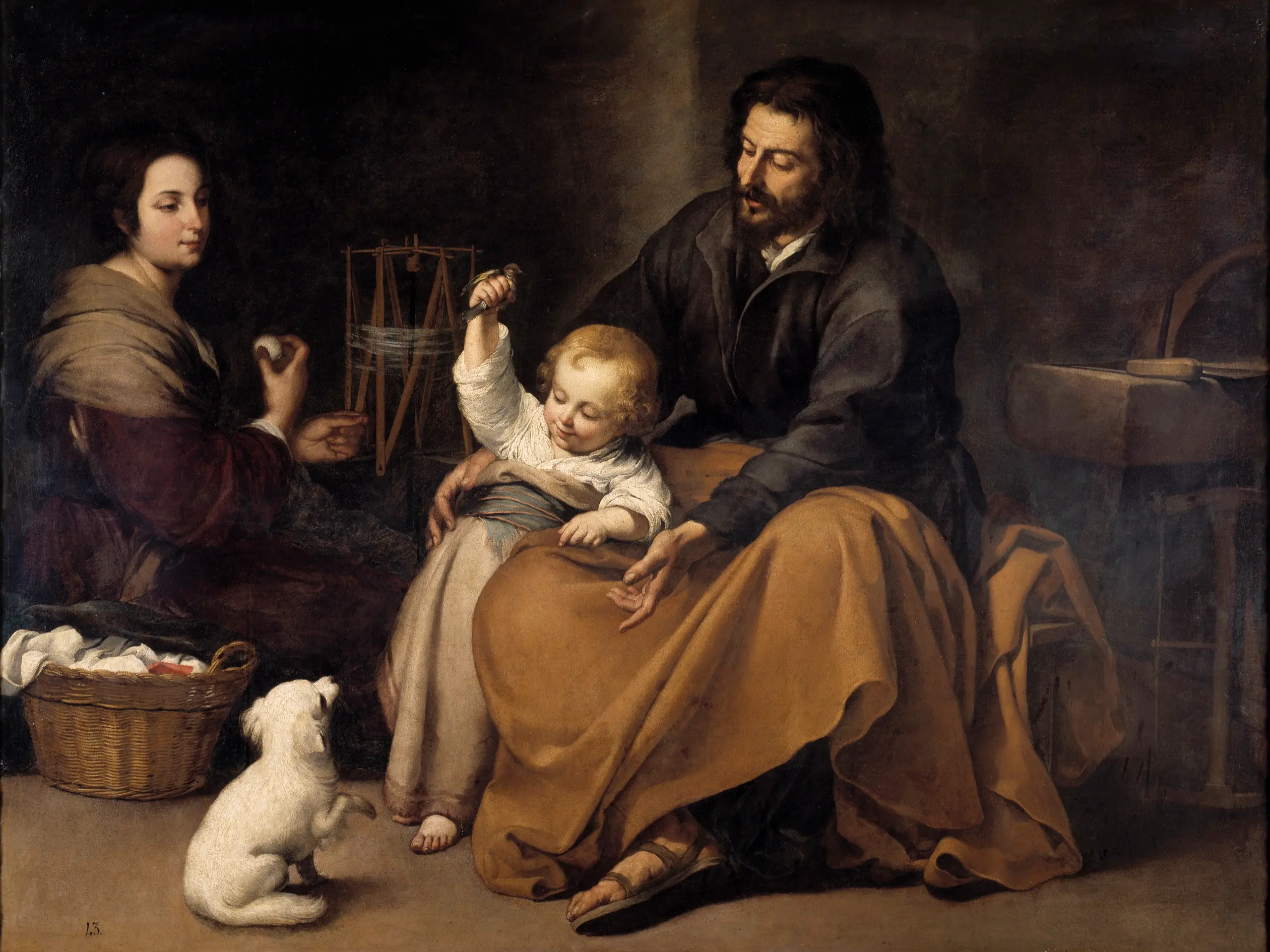 In a humble household interior, Joseph leans forward from his seat to hold the child Jesus, who laughs as he lifts a little bird just out of reach of an eager small dog at his feet; in the background Mary pauses from winding yarn to watch them.