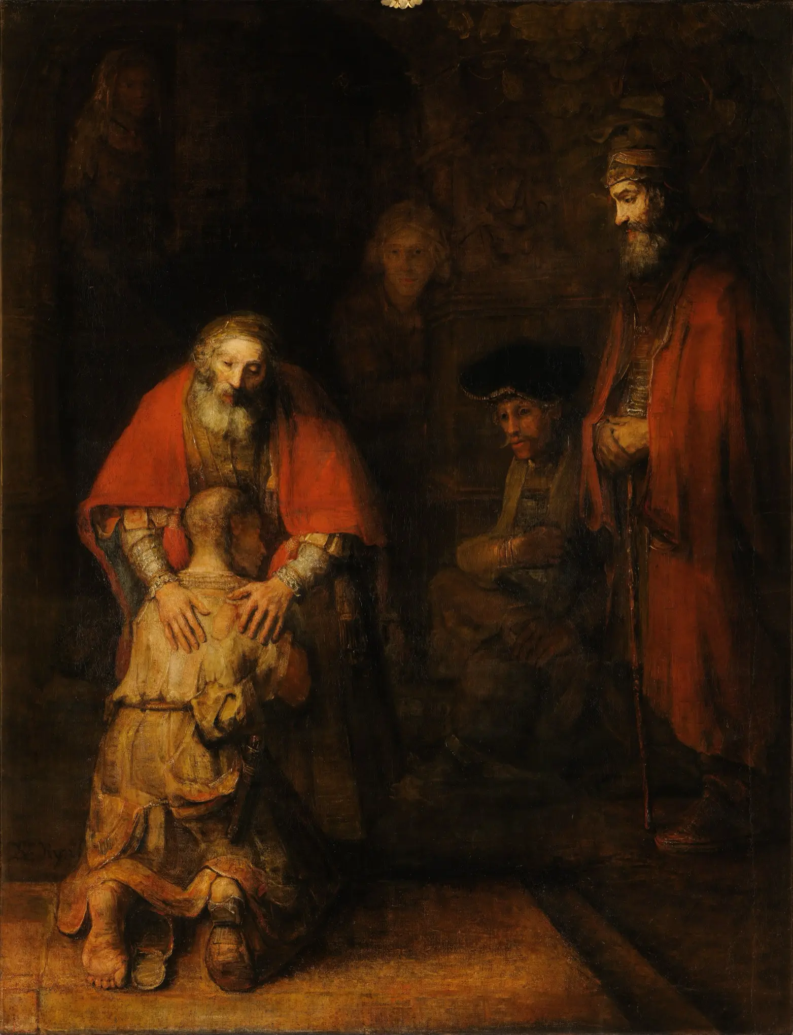 Out of deep shadow the old father bends over his son, who kneels against his breast in torn clothes, one worn shoe fallen from his heel; the father lays both hands gently on the young man's shoulders while the elder brother stands at the right, watching.