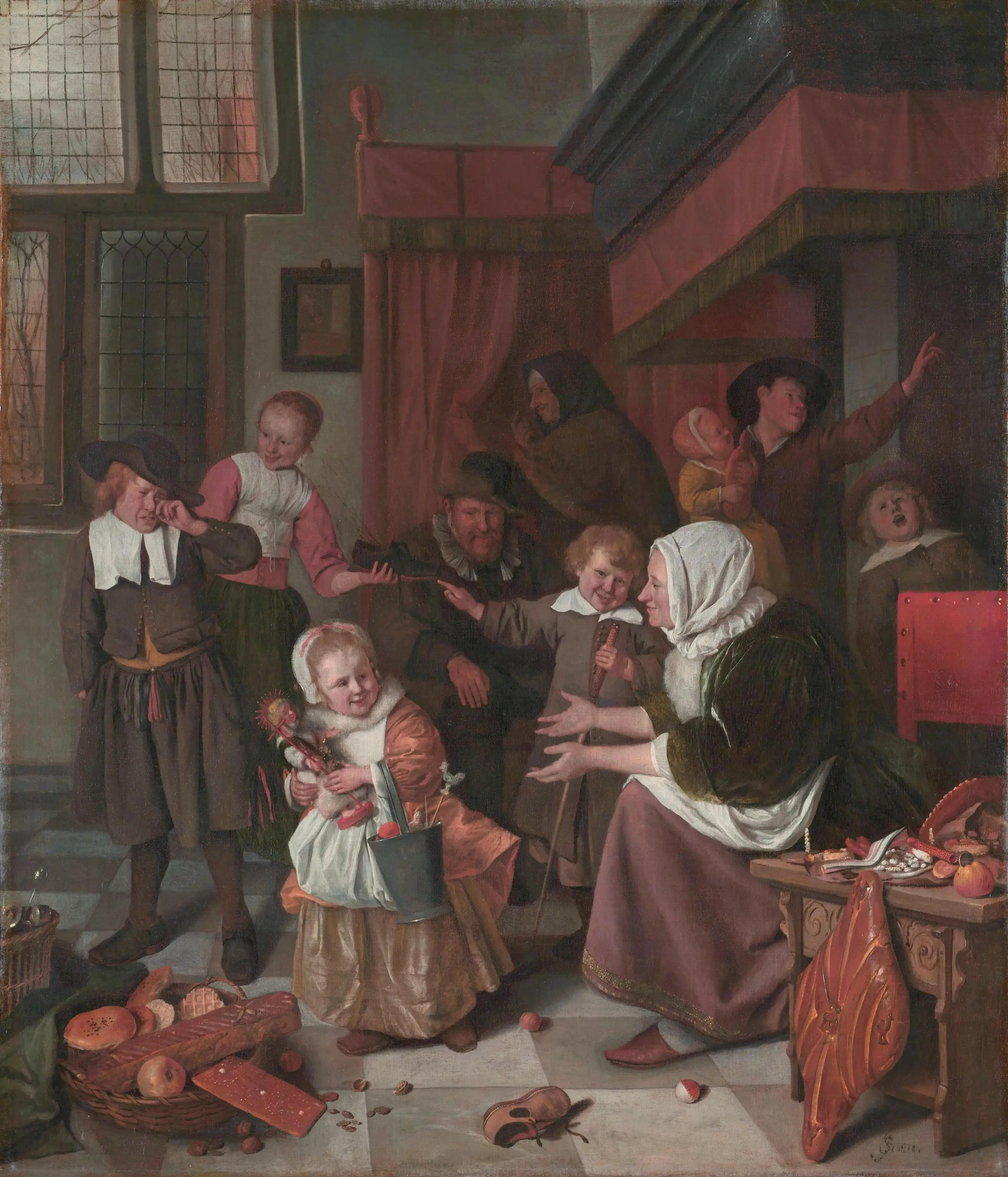 In a crowded Dutch household on the feast of Saint Nicholas, a delighted little girl hugs her gifts and a doll while an older boy weeps over the birch rod left in his shoe; parents, grandmother, and siblings fill the room, laughing, pointing, and beckoning toward the chimney.